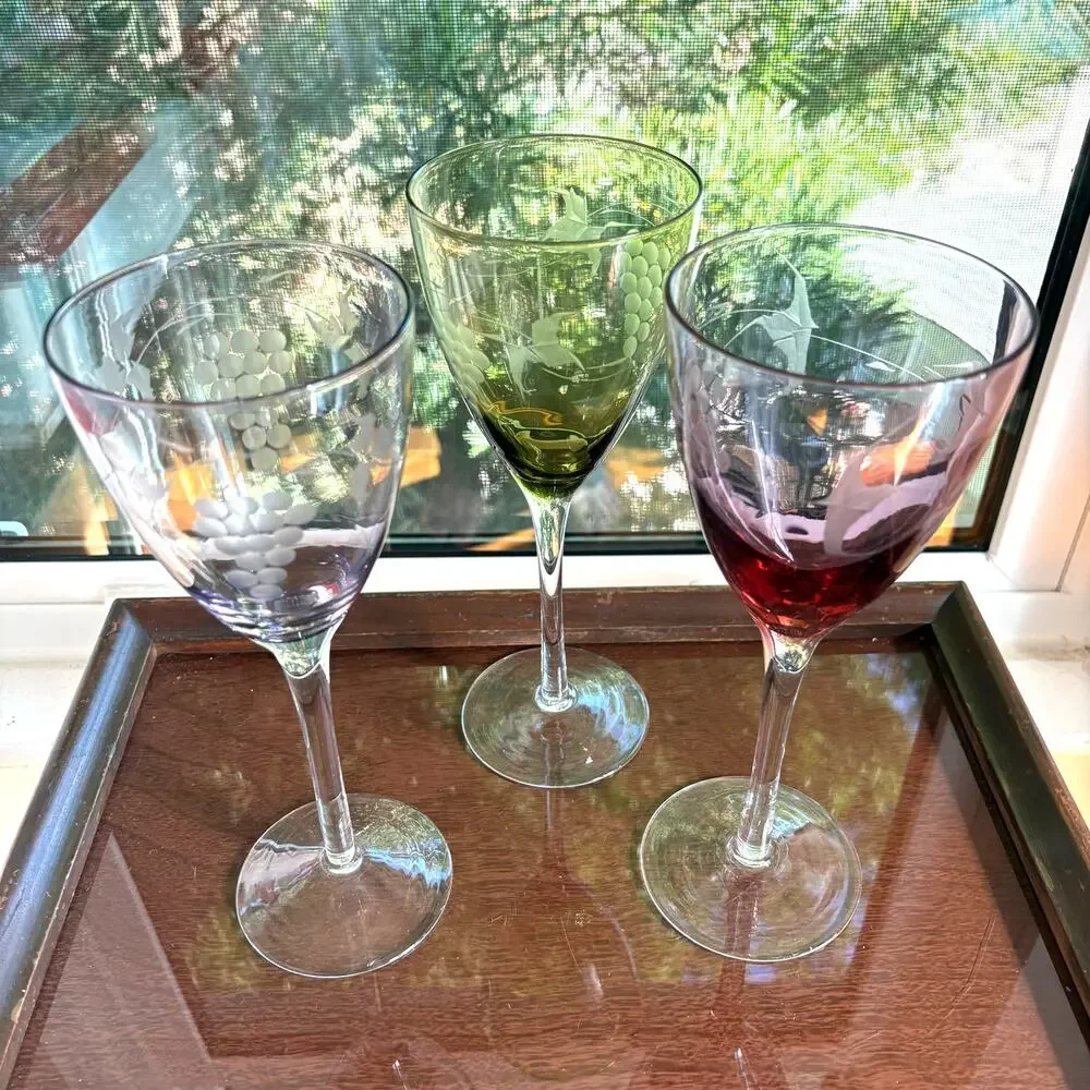 Hand Blown Wine Glasses Green & Purple Etched Grape Set of 3